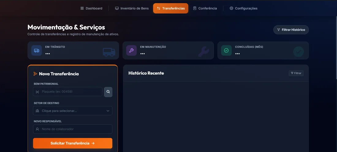 Tela de movimentação com nova transferência e histórico de manutenção